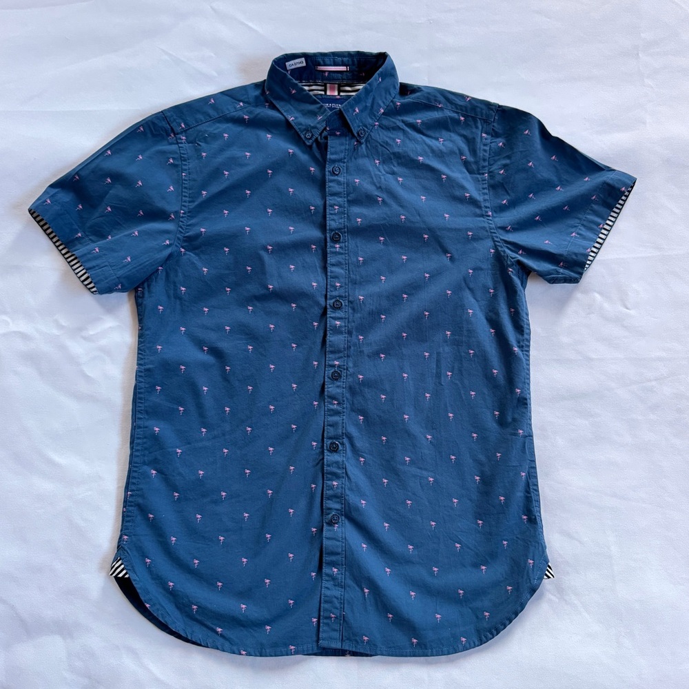 Blue and pink flamingo short sleeve button up